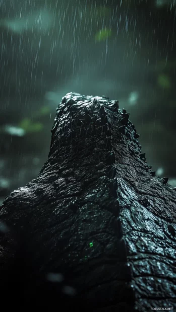 Rain glimmers off Godzillas armored back as thunder echoes.