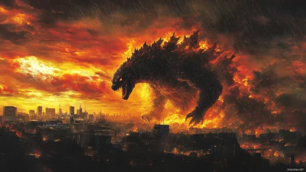 Rain pelts Shin Godzillas burning hide as he turns toward the skyline.