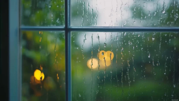 Rain sliding slowly down a windowpane with blurred lights.