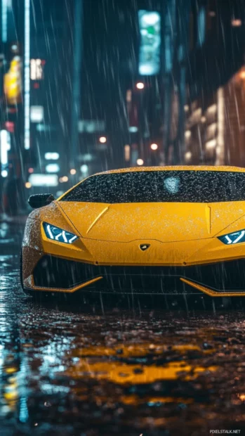 Rain splashes around a Lamborghini parked in an empty lot.