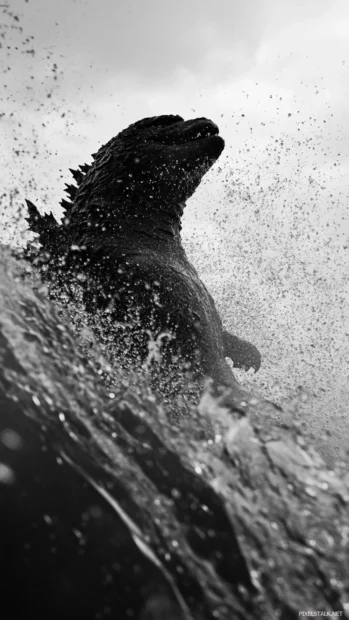 Rain splashes upward as Godzilla pounds the ocean surface.