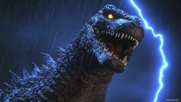 Rain streaking across Godzillas spines as he roars skyward.