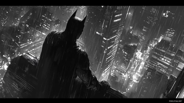 Rain streaking down glass as Batman looks out from Wayne Tower.