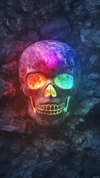 Rainbow colored neon skull, glowing iridescently, dark textured backdrop.