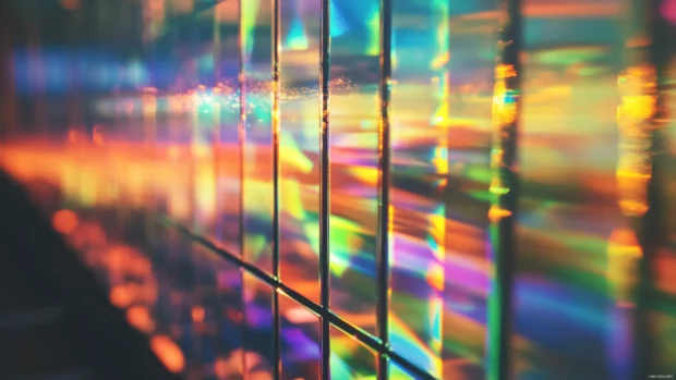 Rainbow light refractions shifting across a glass surface.