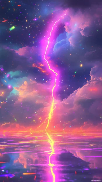 Rainbow lightning crawling over smooth surfaces and glitched reflections in trippy style.