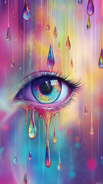 Rainbow raindrops falling upward into cartoon trippy eyes floating in the mist.