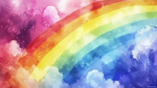 Rainbow shimmering through fading watercolor clouds.