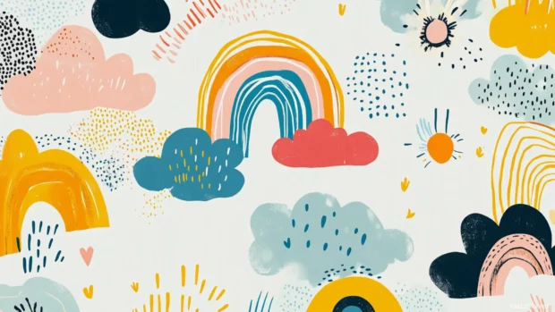 Rainbows and clouds frame the cheerful world of this fun kids wallpaper design design.
