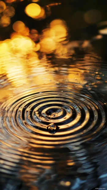 Raindrops creating ripples on a glass surface.