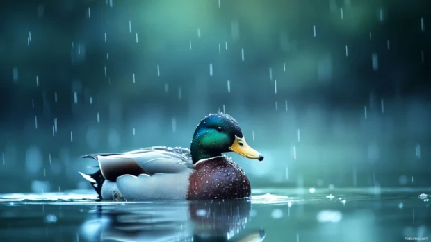 Raindrops ripple the surface around a calm duck floating silently.