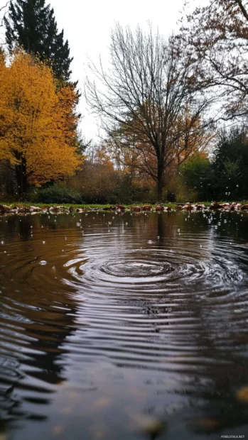 Raindrops rippling outwards on the surface of a quiet pond.
