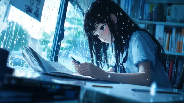 Raindrops tracing down the glass as anime girl reads quietly at her desk.