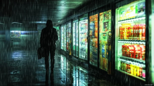 Rainy corridor lit by glitchy vending machines and moving shadows.