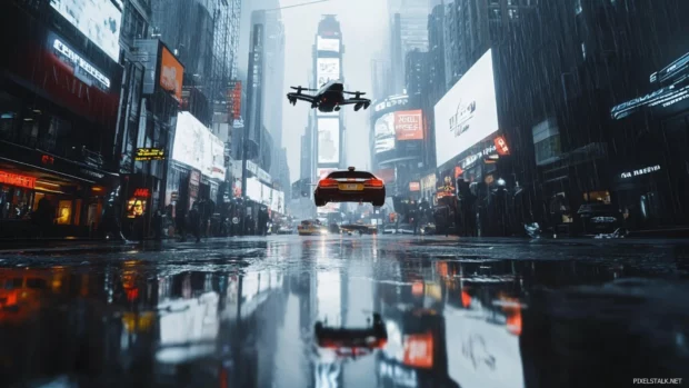 Rainy cyberpunk street with flying cars and reflective puddles, ideal for cyberpunk desktop wallpapers.