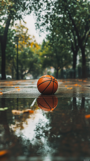 Rainy day court with bouncing basketball and puddles.