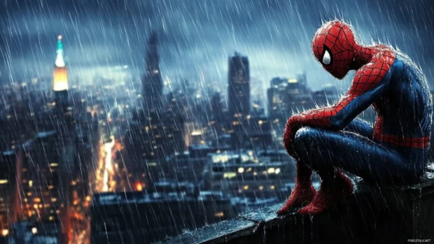 Rainy rooftop scene with Spider Man looking over the city, dramatic mood for HD Spider Man wallpapers.