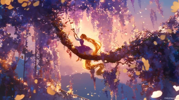 Rapunzel swinging between light beacons made of flower threads.