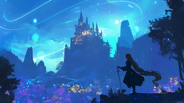 Rapunzel with glowing hair strands as optical fiber across towers.