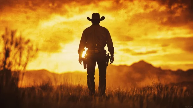 Realistic cowboy wallpaper 4K with vintage film grain and western setting.