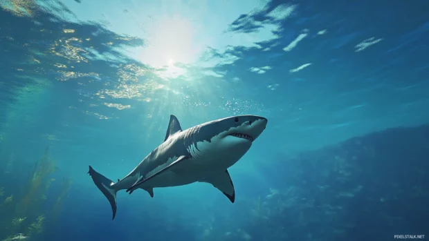 Realistic great white shark swimming in clear blue ocean for desktop background.
