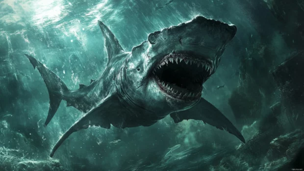 Realistic hammerhead shark in desktop wallpaper design.