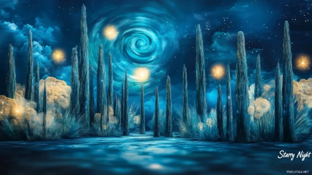 Realistic reimagining of Van Gogh Starry Night with textured swirling clouds, bright stars, and the towering cypress trees, blending art with realism in a stunning night sky scene.