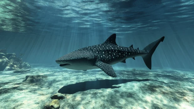 Realistic whale shark wallpaper in full body side view above sea bed.