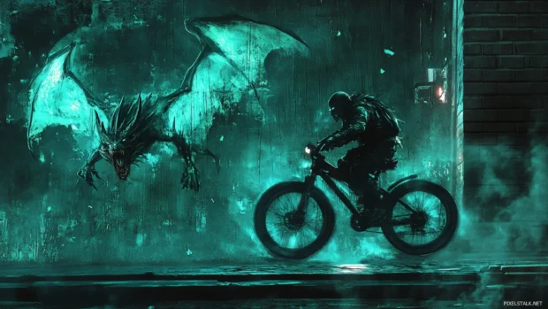 Reaper riding dragon bike through glowing urban wall.
