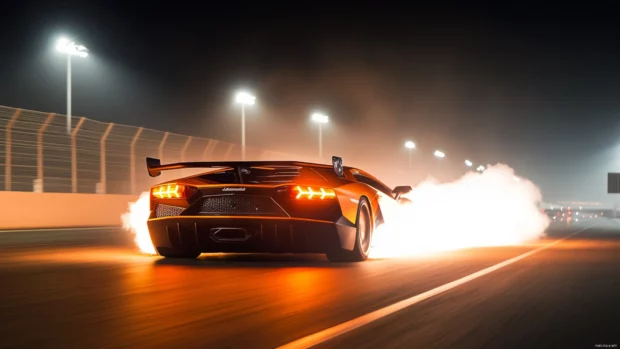 Rear shot of Lamborghini as flames burst from the exhaust on a racing strip under floodlights.
