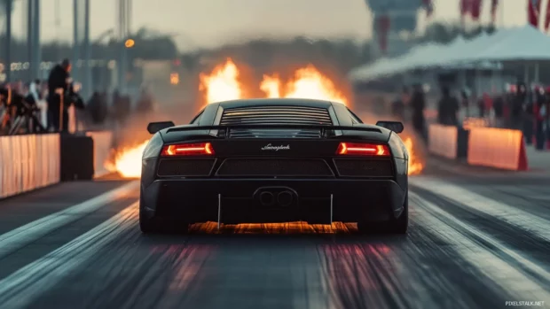 Rear shot of black Lamborghini launching from a starting line with exhaust fire.