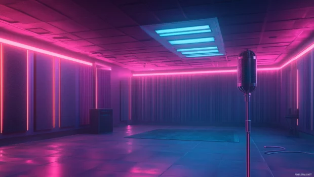 Recording booth with soundproofing panels and microphone lit by colorful LEDs, showcasing a creative workspace.