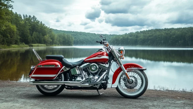 Red Harley Davidson with white stripes parked by lake.