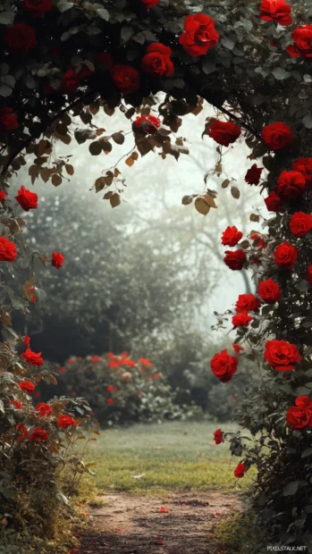Red Roses framing misty garden morning.