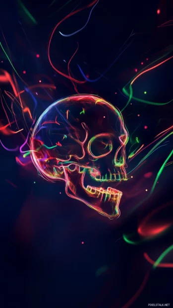 Red green blue neon skull, glowing particles, light trails, mysterious dark background.