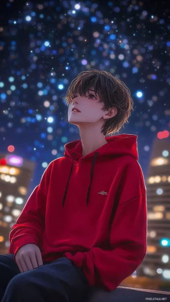 Red hoodie anime boy on rooftop, starry night, shimmering city lights.