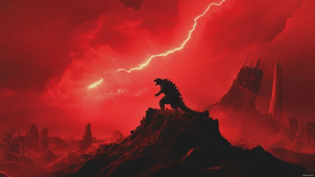 Red lightning cracks behind Godzilla atop a hill of ruins.