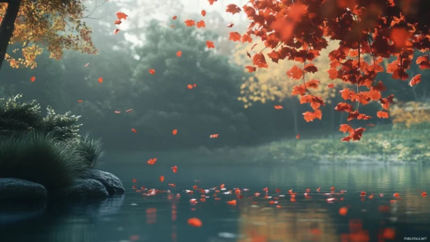 Red maple leaves falling beside a tranquil lake, peaceful forest scenery.