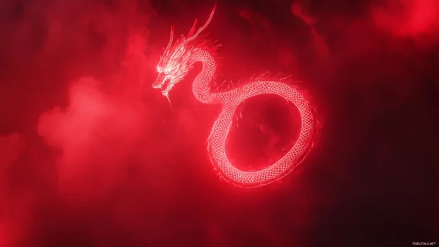 Red neon dragon coiling through dense fog.