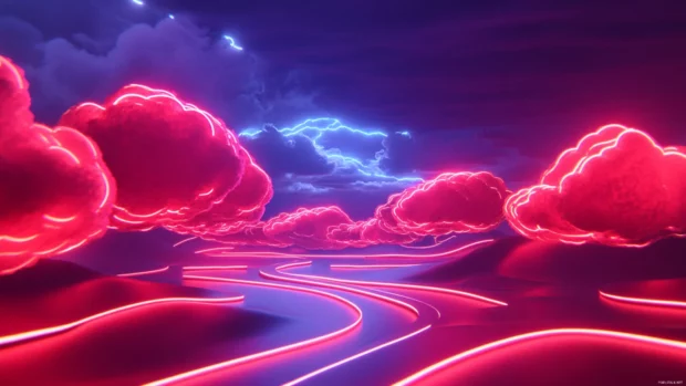Red neon dreamscape, Dreamy landscape under shimmering red neon clouds.