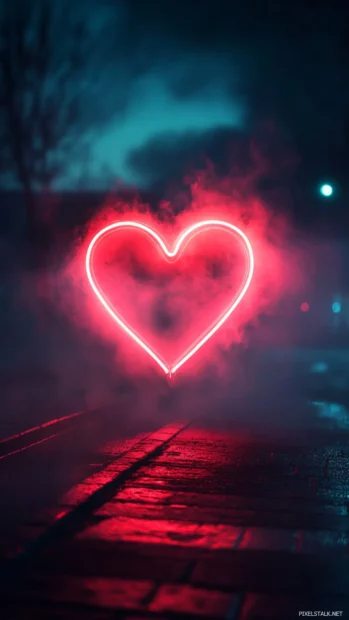 Red neon heart wallpaper, Bright red neon heart shining in fog.