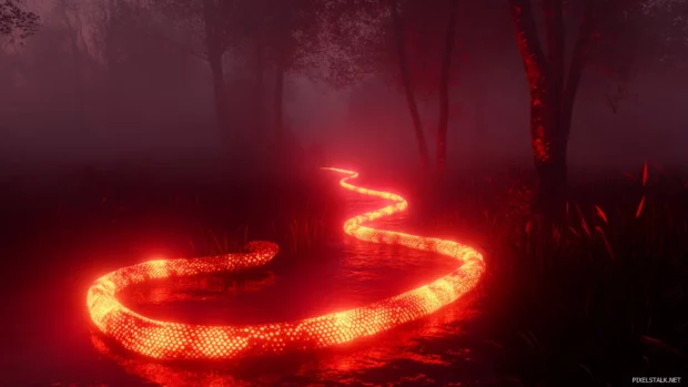 Red neon serpent slithering through midnight fog.