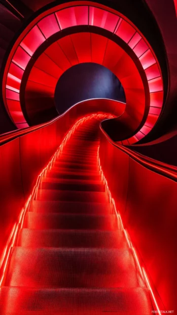 Red neon staircase spiraling into abyss.