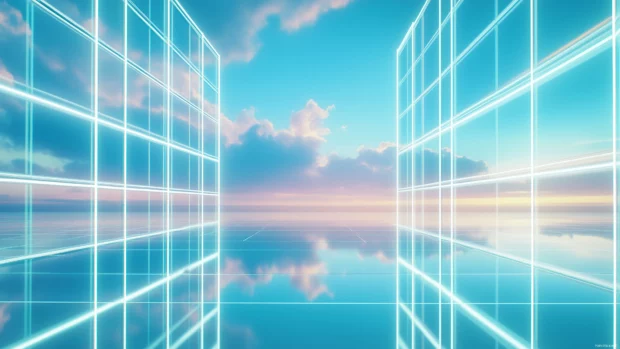 Refined retrowave neon grid, cool blue aqua palette, simple gradient sky, soft cyan deep blue, delicate reflections, retro style.