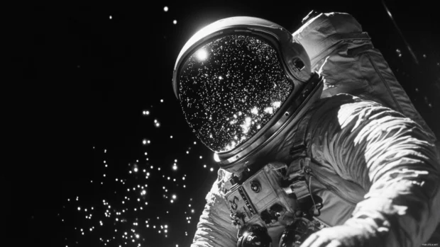 Reflecting stars cover the astronauts suit like constellations.