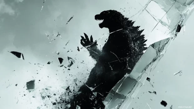 Reflection of Godzilla in a broken glass tower from below.