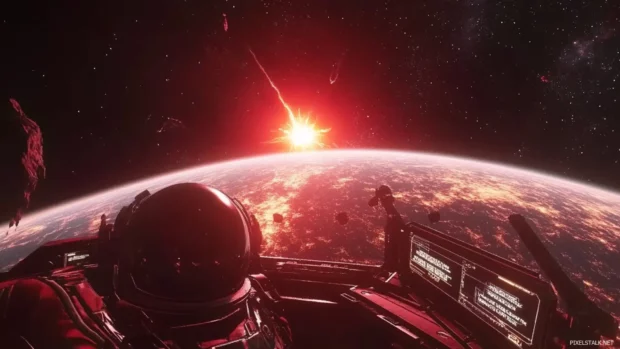 Reflections of a red dwarf star in the astronauts visor during a calm moment in orbit.