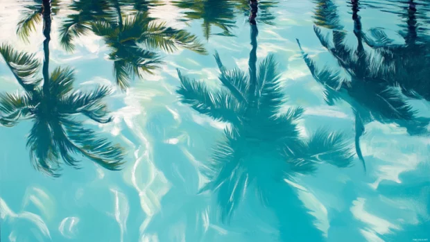 Reflections of palm trees in a turquoise pool, capturing the tranquil essence of a summer retreat.