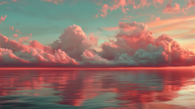 Reflective ocean scene with pink evening clouds, dreamy ocean horizon for PC wallpapers.