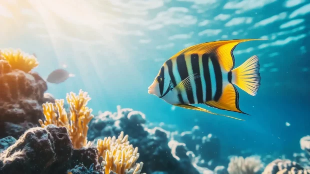 Regal angelfish close up, striking black yellow stripes, graceful swimming, crystal clear water, coral backdrop.